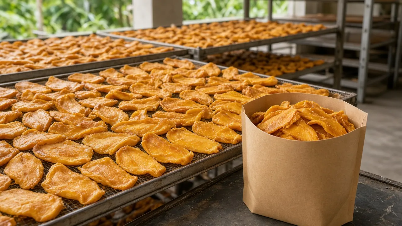 Golden dried mango slices spread across mesh drying racks, with a paper bag of pieces in the foreground.