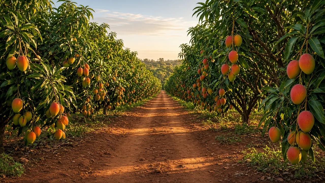 A mango orchard with rows of leafy trees carrying fruit.
