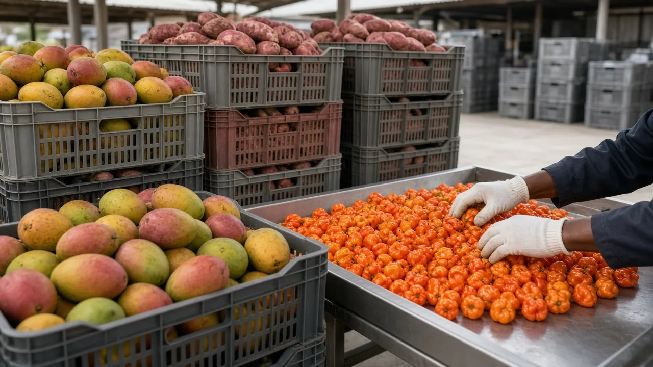 An export packing area where produce is graded and packed.
