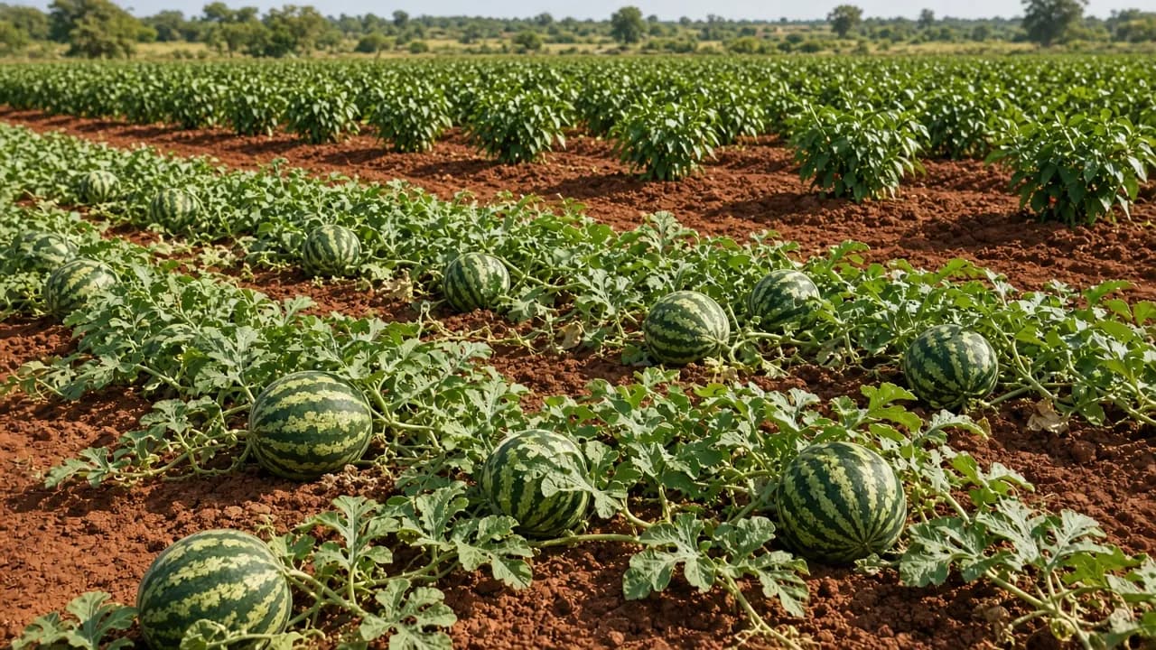 A watermelon field with rows of pepper plants growing alongside.