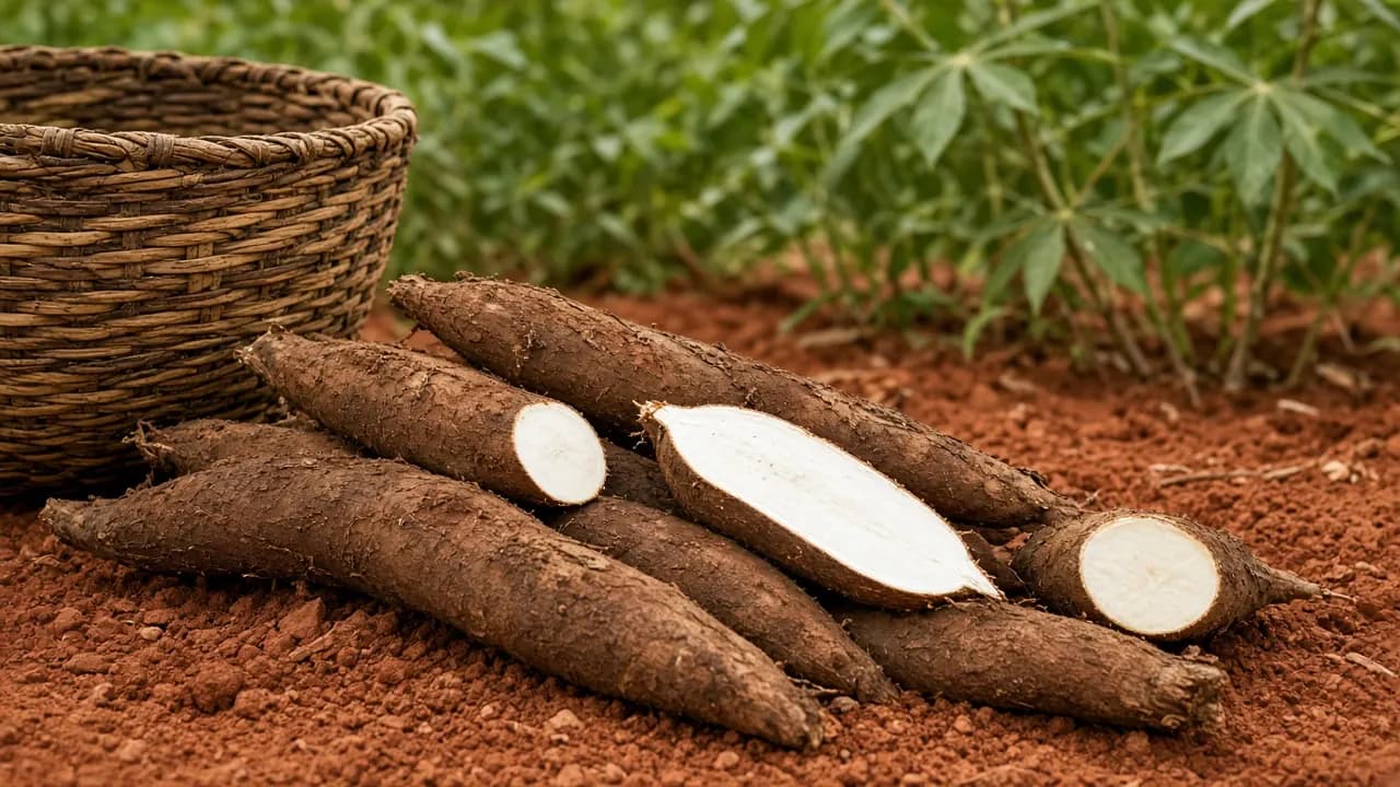 Pale cassava roots with rough brown skin stacked in a wooden crate on red soil, with leafy cassava plants behind.