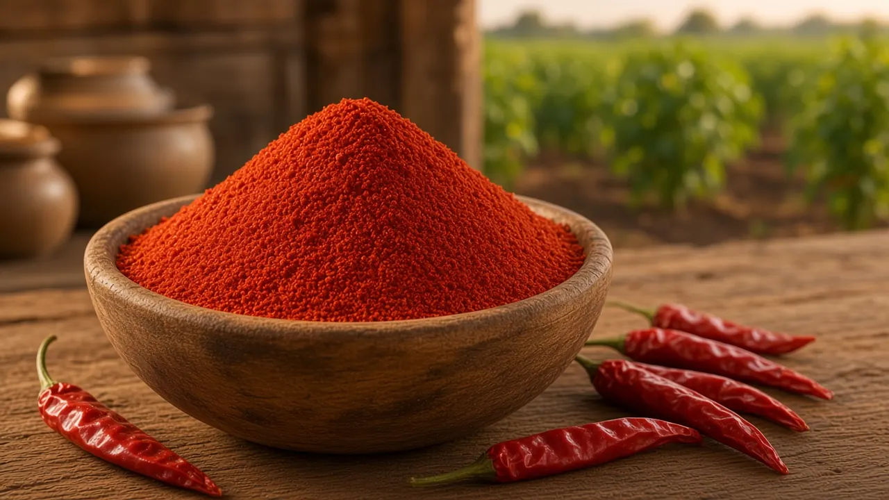 A wooden bowl of bright red chilli powder beside a few dried red chillies on a wooden table.