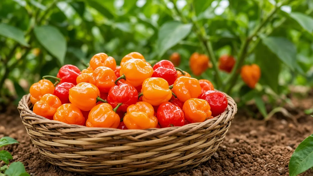 A basket of glossy orange and red habanero peppers in front of pepper plants.