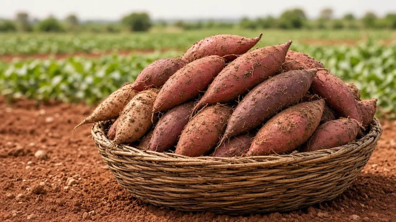 A woven basket of reddish-brown sweet potatoes with soil on the skins, sitting on red earth in a green field.