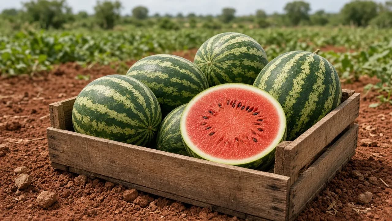 Whole striped watermelons and one cut fruit with red flesh in a wooden crate on a farm field.