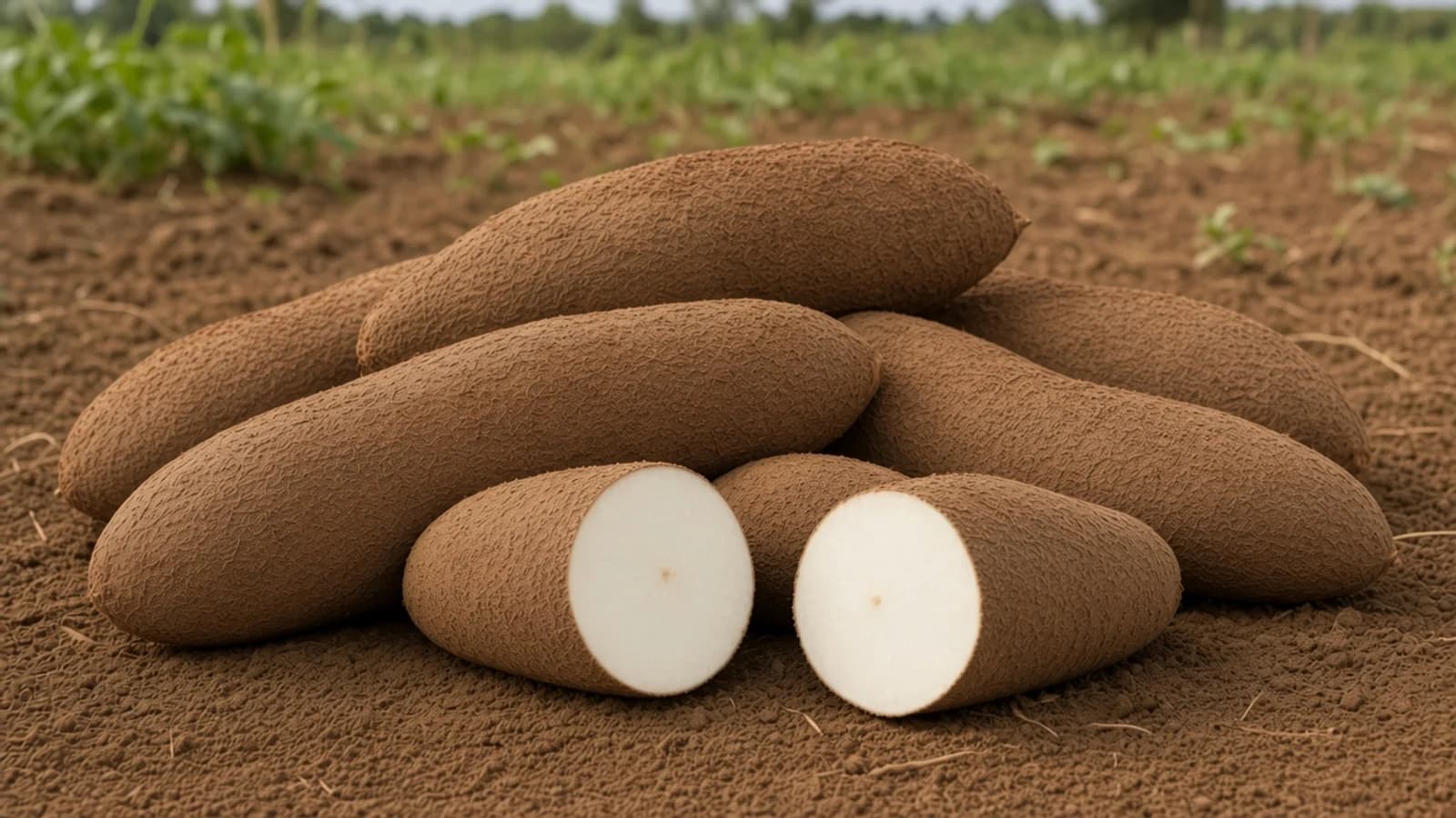 A pile of freshly dug thick earthy-brown yam tubers, dusted with red soil, on farm ground, two cut across to show creamy off-white flesh.